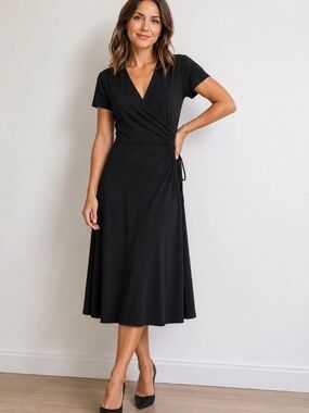 Erika Black Faux Wrap Midi Dress Size 10 Short Sleeve Stretch Career Dress